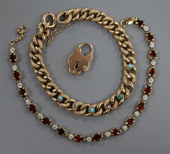 A Victorian yellow metal hollow curb-link bracelet and a 9ct gold bracelet with padlock clasp,